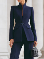 Women's two-piece suit with high-collar blazer and wide leg trousers