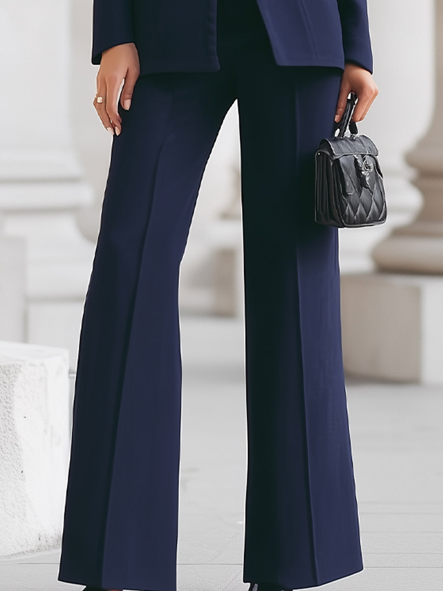 Women's two-piece suit with high-collar blazer and wide leg trousers