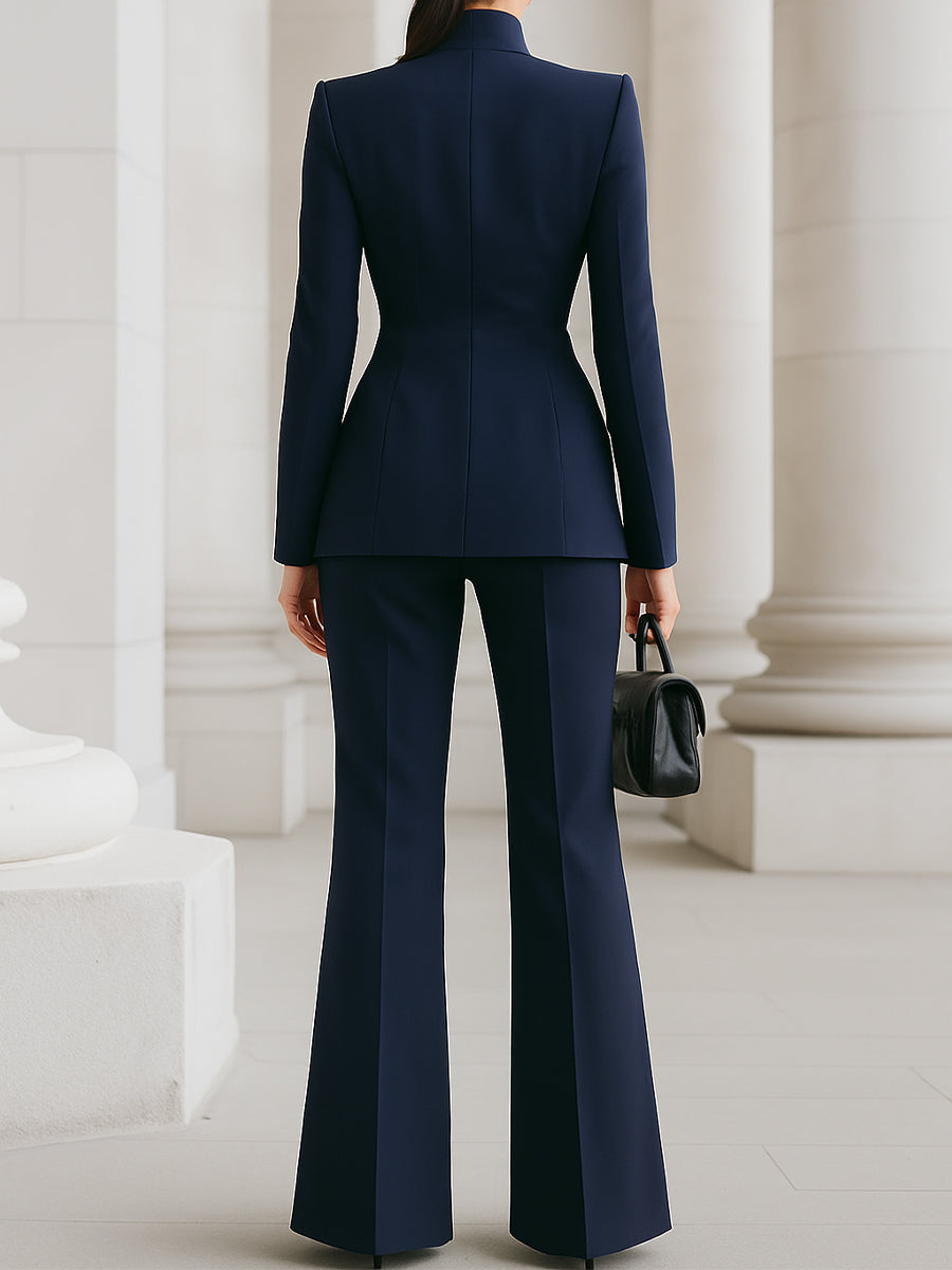 Women's two-piece suit with high-collar blazer and wide leg trousers
