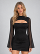 Women's black black sparkle mini dress with cut-out neckline and sheer cape sleeves
