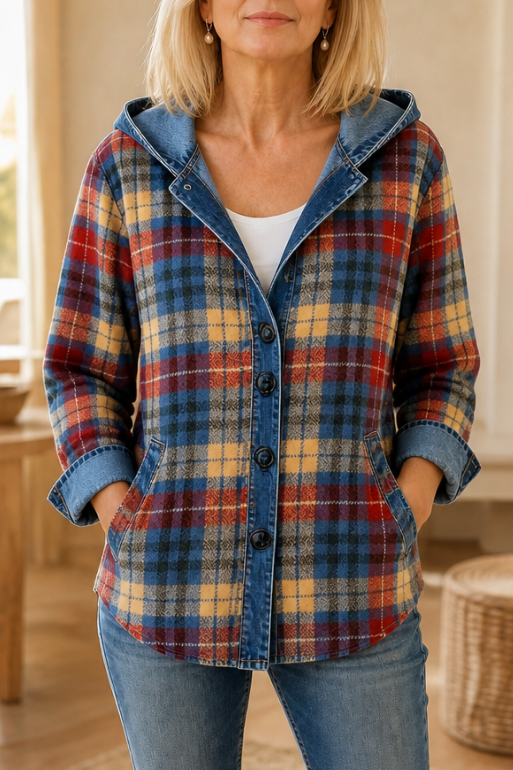 Women's hooded patchwork cardigan with contrast panels and button front