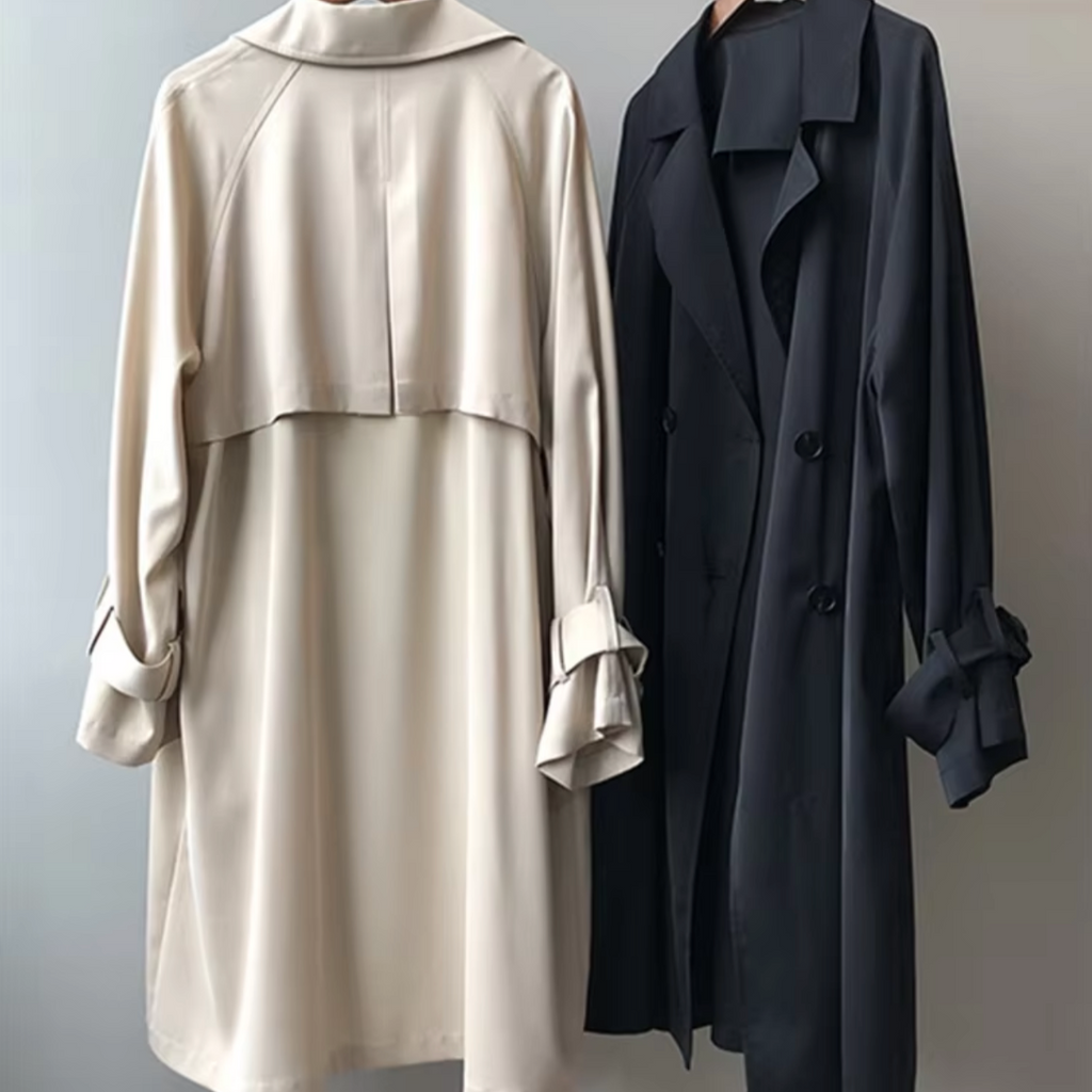 Women's long double breasted trench coat with lapel collar and cuff straps