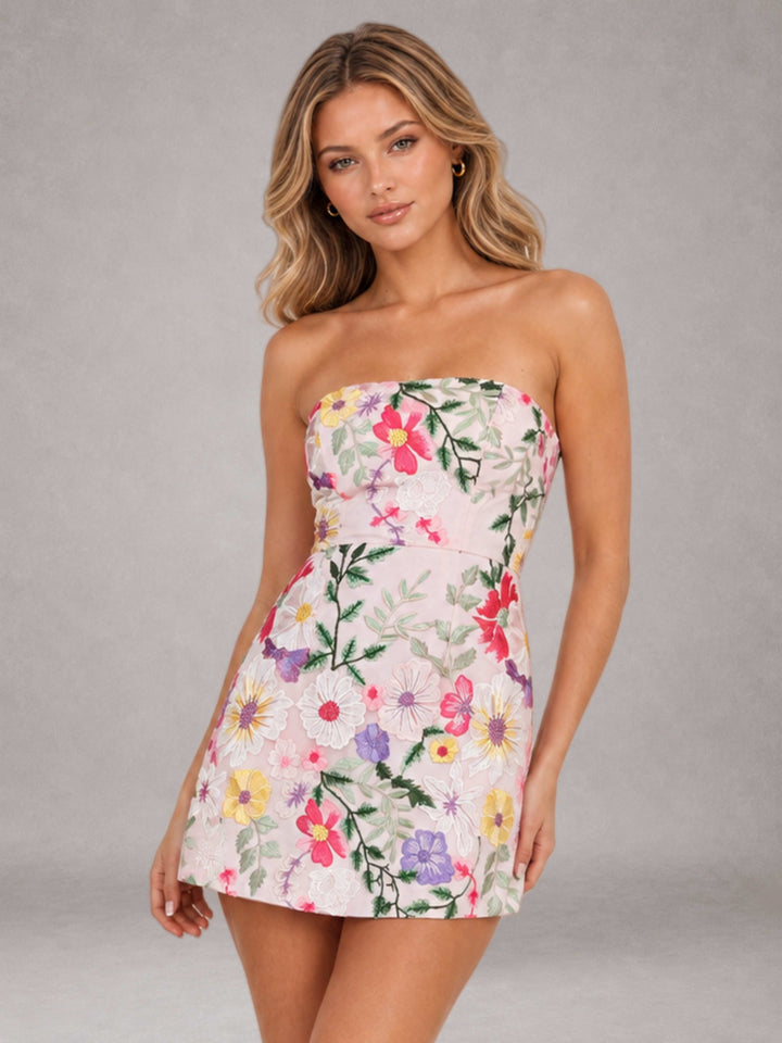 Strapless floral embroidered A-line mini homecoming dress