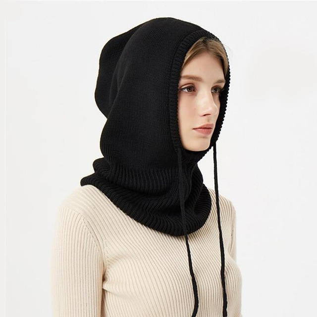 Knitted hooded winter hat with ribbed neck cover and front ties
