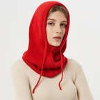Knitted hooded winter hat with ribbed neck cover and front ties