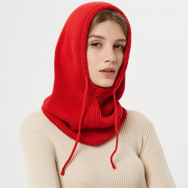 Knitted hooded winter hat with ribbed neck cover and front ties