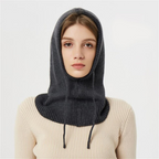 Knitted hooded winter hat with ribbed neck cover and front ties