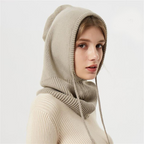 Knitted hooded winter hat with ribbed neck cover and front ties
