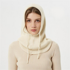 Knitted hooded winter hat with ribbed neck cover and front ties