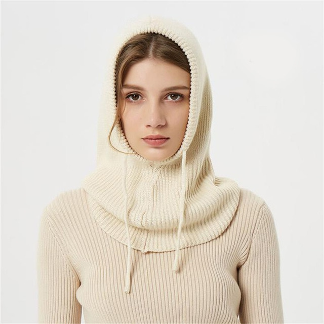 Knitted hooded winter hat with ribbed neck cover and front ties