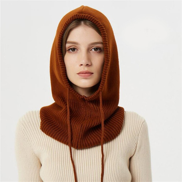 Knitted hooded winter hat with ribbed neck cover and front ties