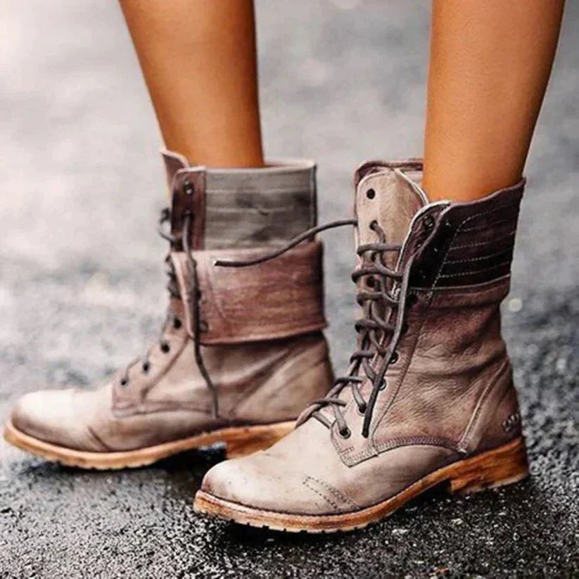Women's mid-calf lace-up boots with layered cuff and low heel