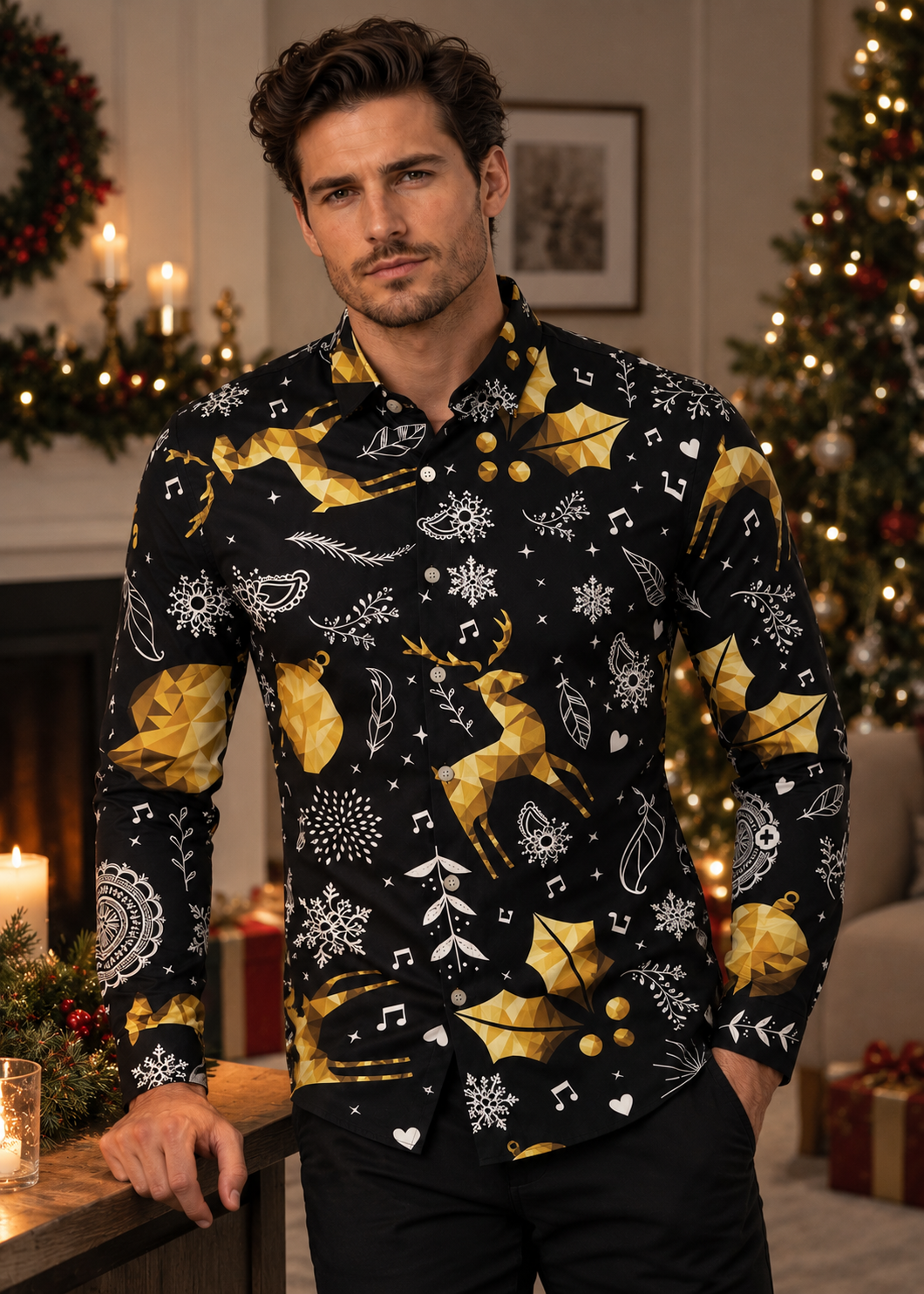 Men's Christmas Print Shirt with Stand Collar