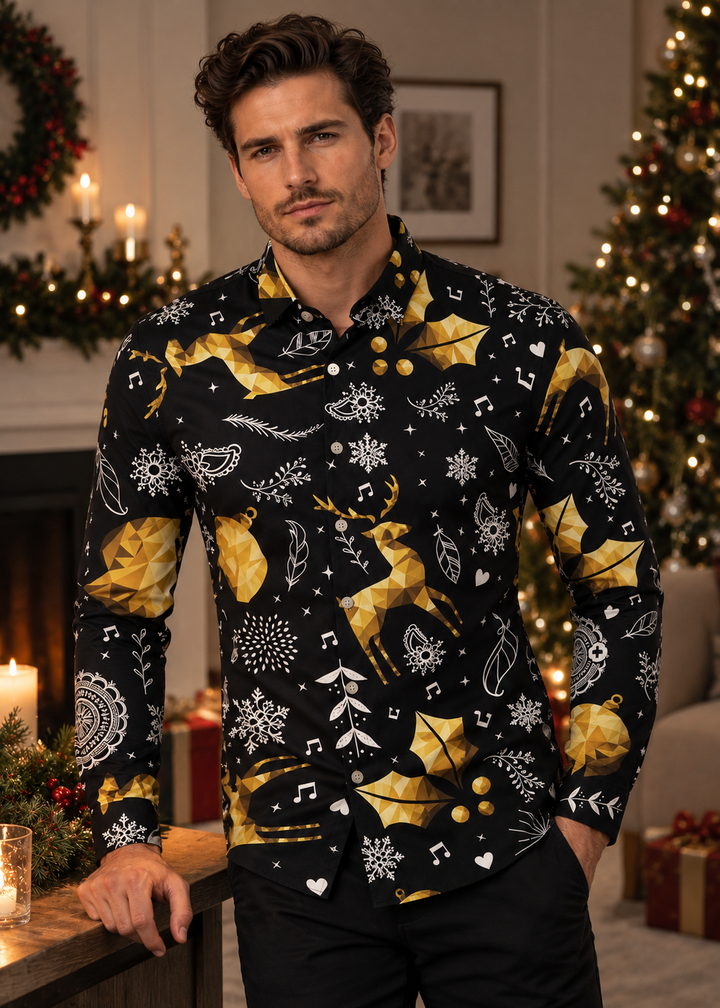 Men's Christmas Print Shirt with Stand Collar