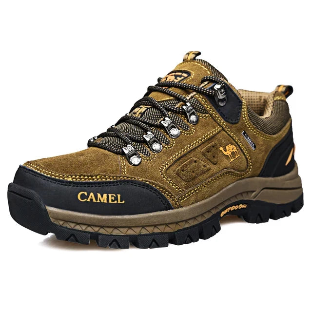 Lace-up hiking shoe with layered panels and chunky tread sole