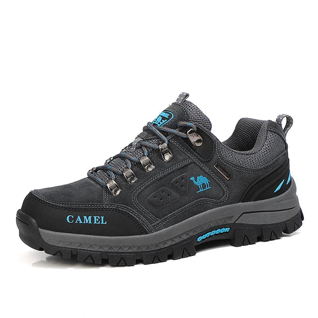 Lace-up hiking shoe with layered panels and chunky tread sole