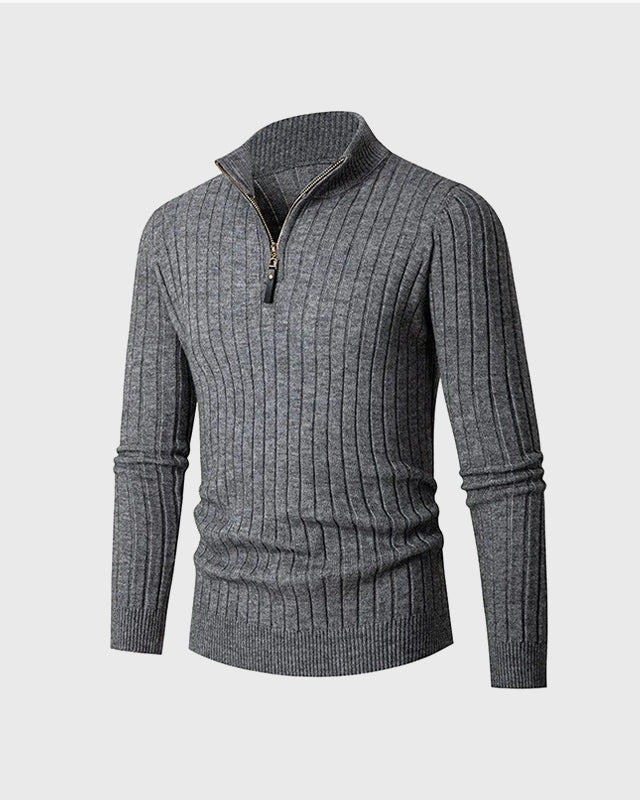 Men's ribbed half-zip jumper with high collar and long sleeves