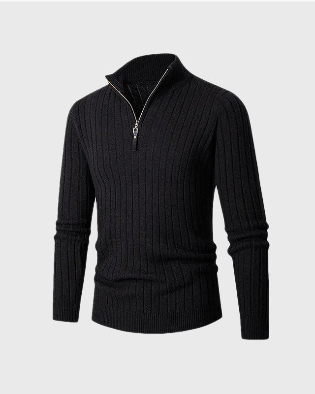 Men's ribbed half-zip jumper with high collar and long sleeves