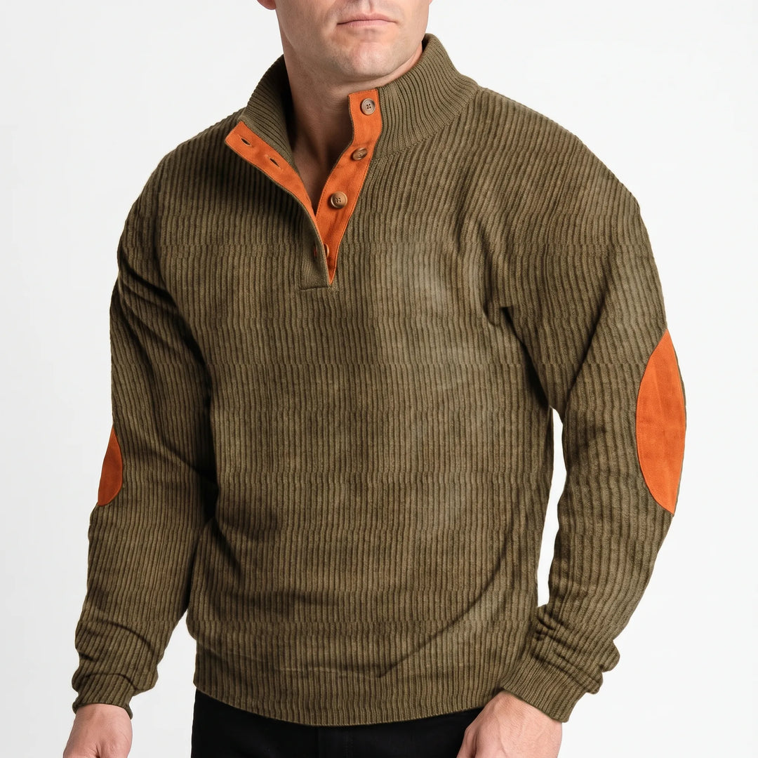 Men's ribbed stand collar jumper with button placket and contrasting elbow patches