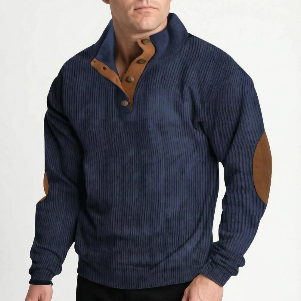 Men's ribbed stand collar jumper with button placket and contrasting elbow patches