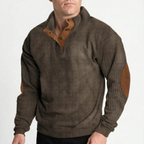 Men's ribbed stand collar jumper with button placket and contrasting elbow patches