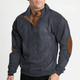 Men's ribbed stand collar jumper with button placket and contrasting elbow patches