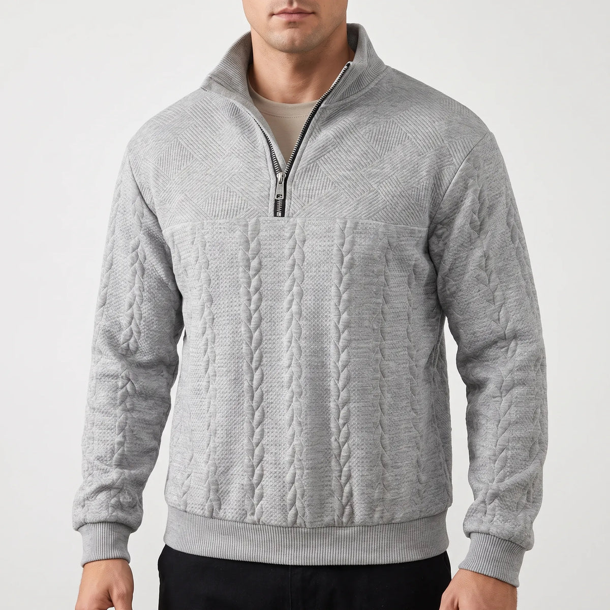 Men's textured mock neck half-zip sweater with long sleeves and ribbed trims
