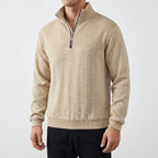 Men's textured mock neck half-zip sweater with long sleeves and ribbed trims