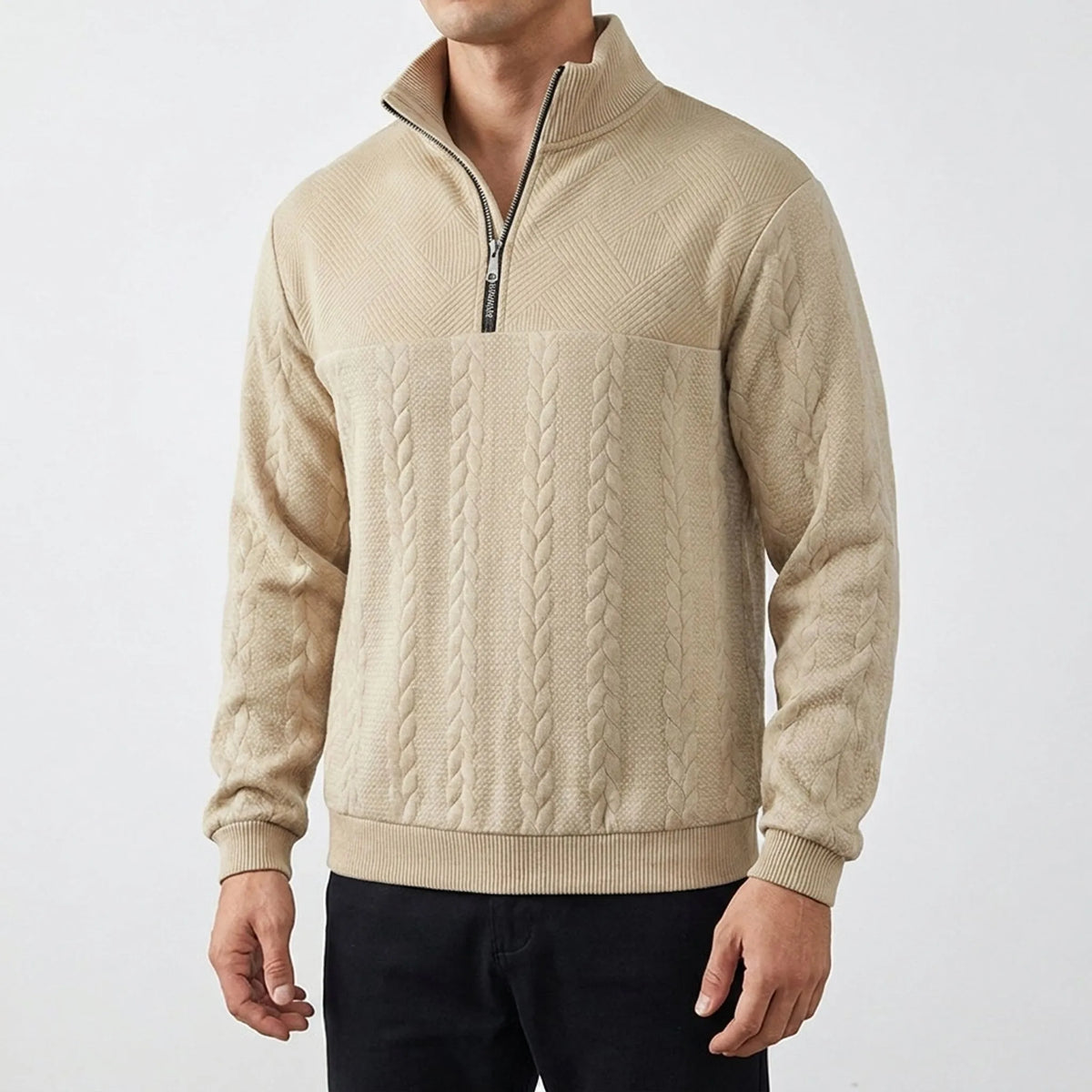 Men's textured mock neck half-zip sweater with long sleeves and ribbed trims