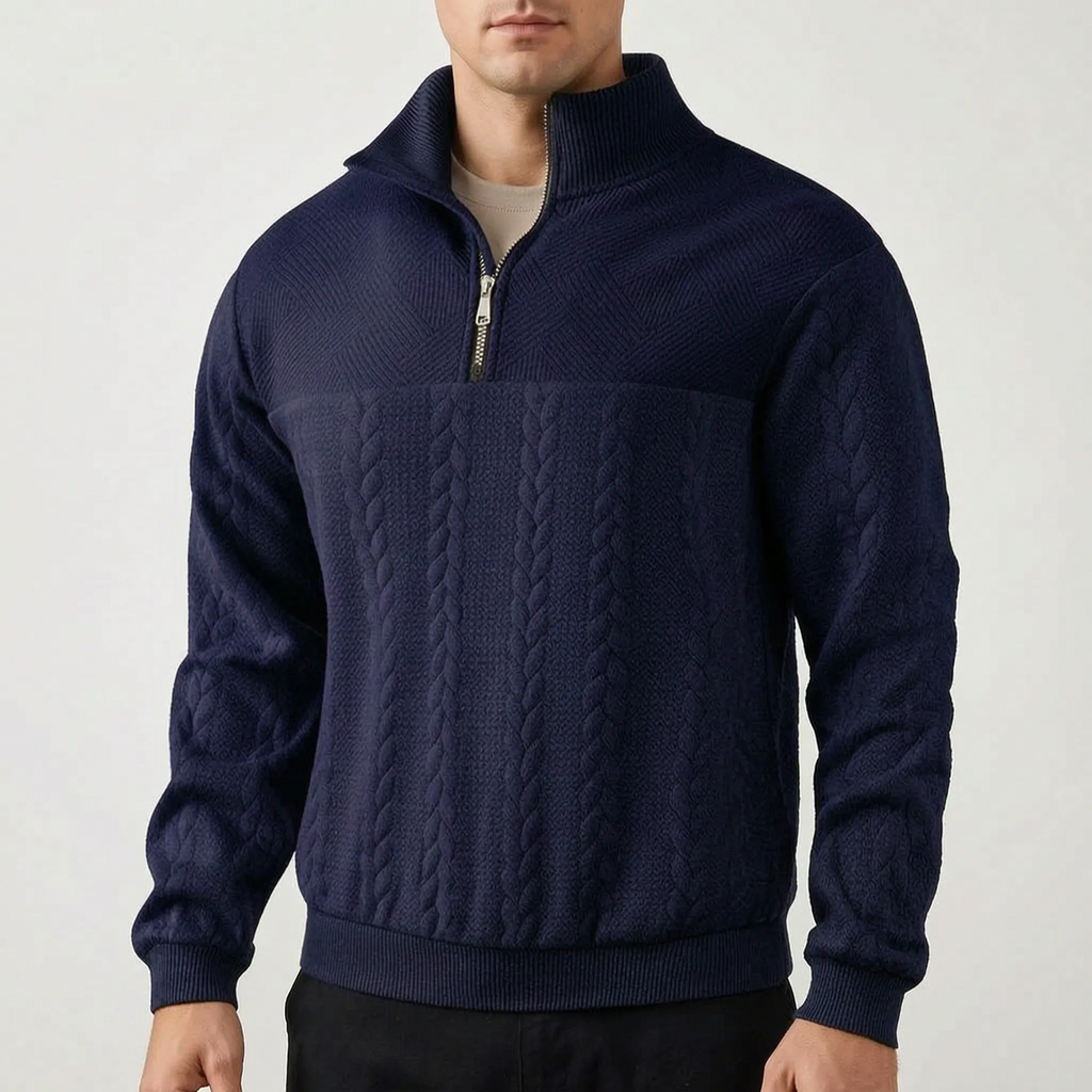 Men's textured mock neck half-zip sweater with long sleeves and ribbed trims