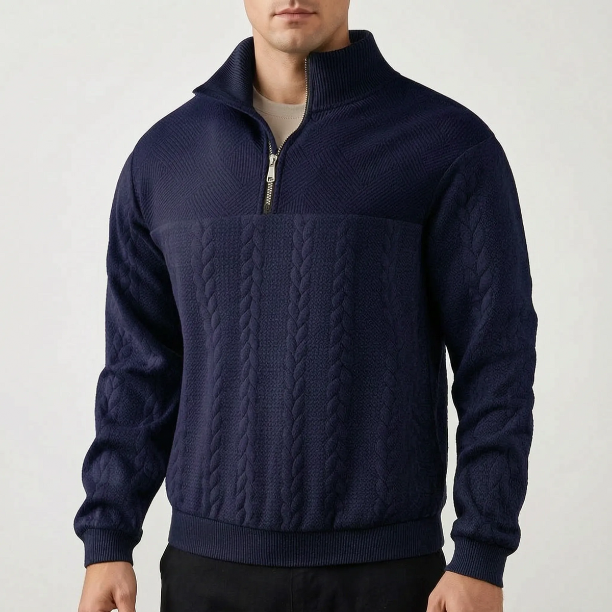 Men's textured mock neck half-zip sweater with long sleeves and ribbed trims