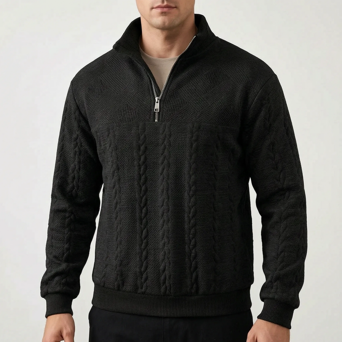 Men's textured mock neck half-zip sweater with long sleeves and ribbed trims