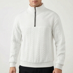 Men's textured mock neck half-zip sweater with long sleeves and ribbed trims