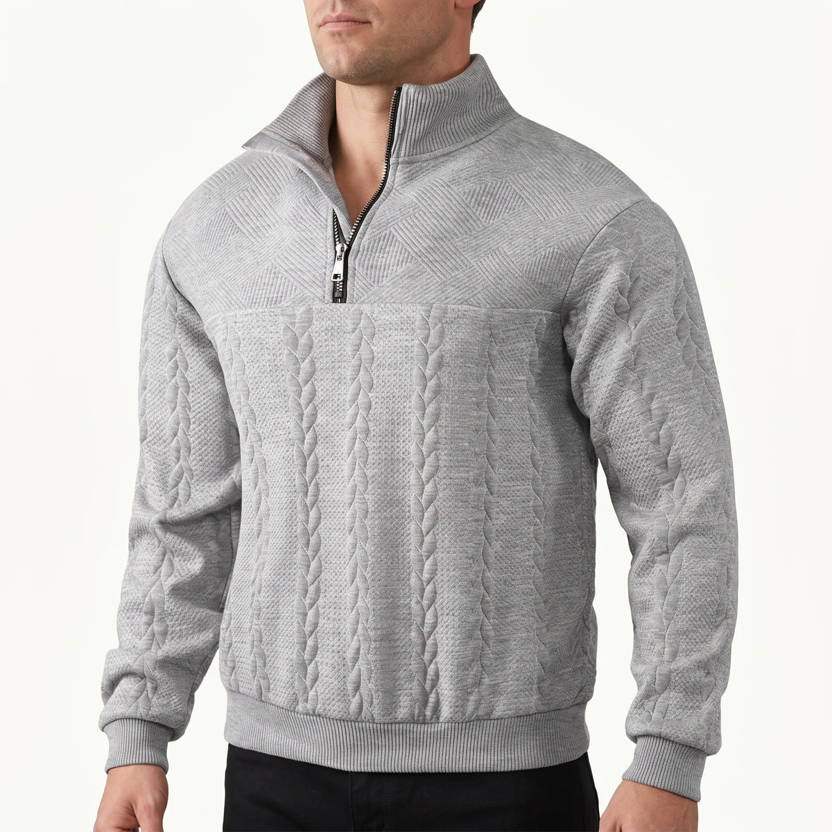 Men's textured mock neck half-zip sweater with long sleeves and ribbed trims