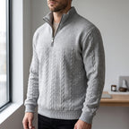 Men's textured mock neck half-zip sweater with long sleeves and ribbed trims