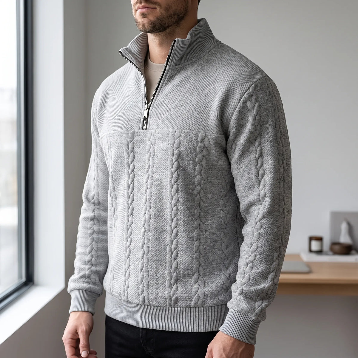 Men's textured mock neck half-zip sweater with long sleeves and ribbed trims