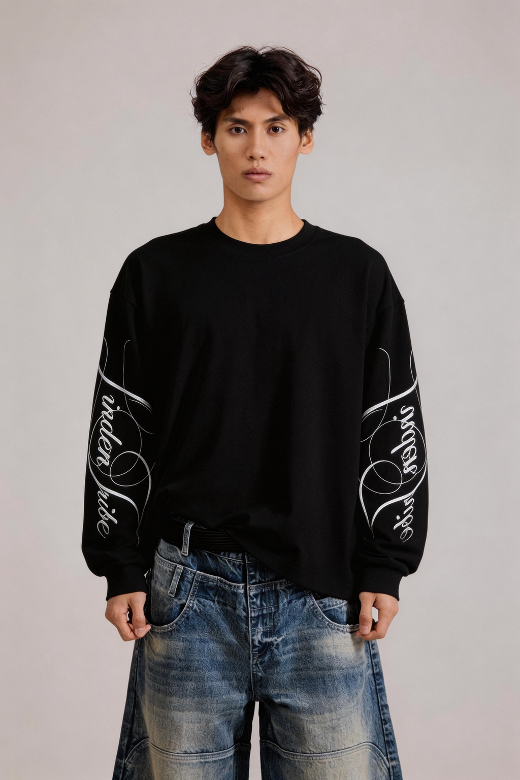 Men's black crew neck sweatshirt with white graphic sleeves
