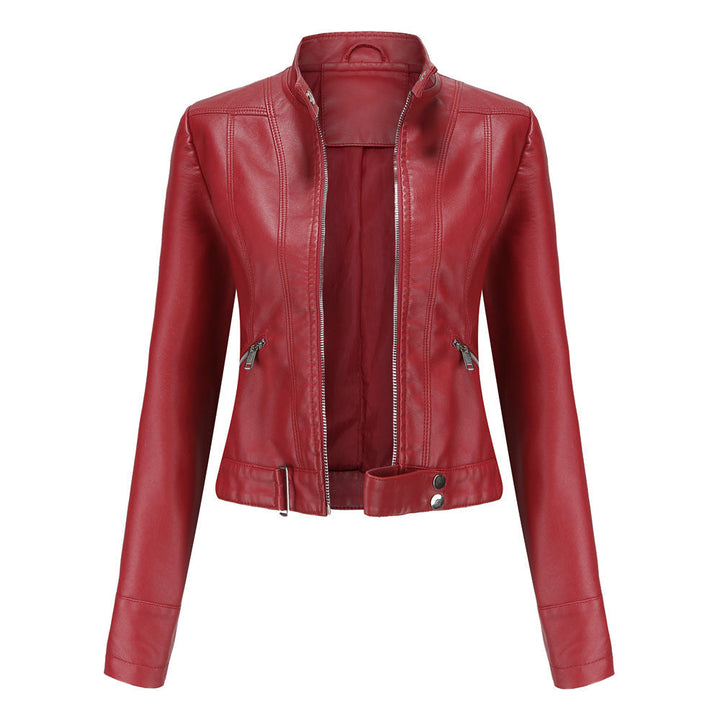 Women's fitted faux leather biker jacket with stand collar, long sleeves and zipped pockets