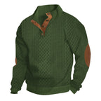 Textured men's knit pullover with high collar and elbow patches