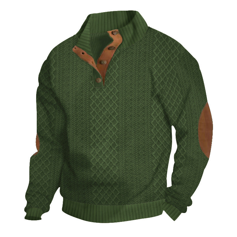 Textured men's knit pullover with high collar and elbow patches