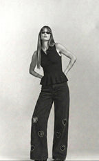 Women's wide leg jeans with embellished heart cutouts