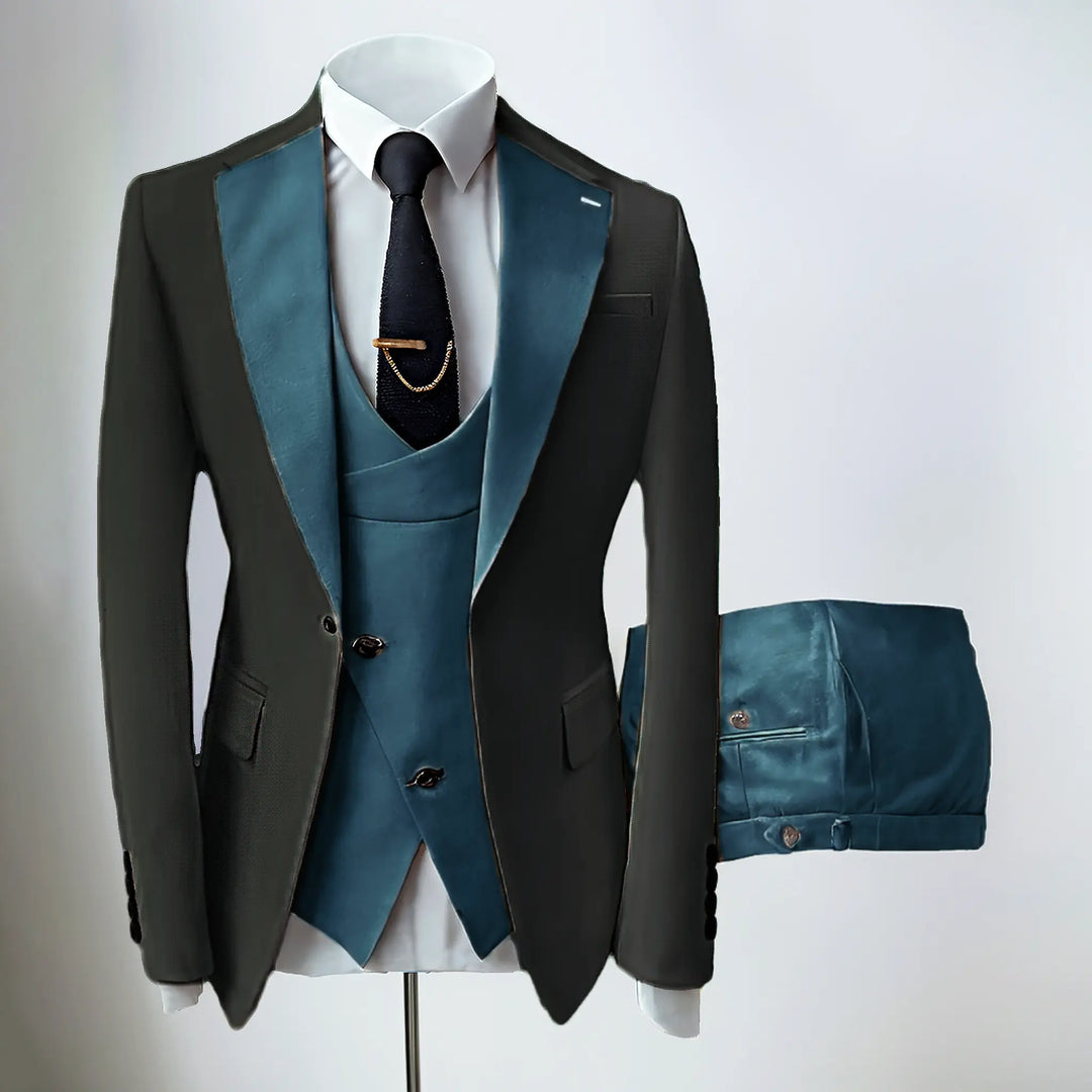 Men's slim fit three-piece suit with contrasting notch lapels and button-front waistcoat