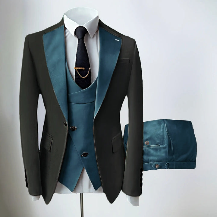 Men's slim fit three-piece suit with contrasting notch lapels and button-front waistcoat