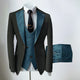 Men's slim fit three-piece suit with contrasting notch lapels and button-front waistcoat