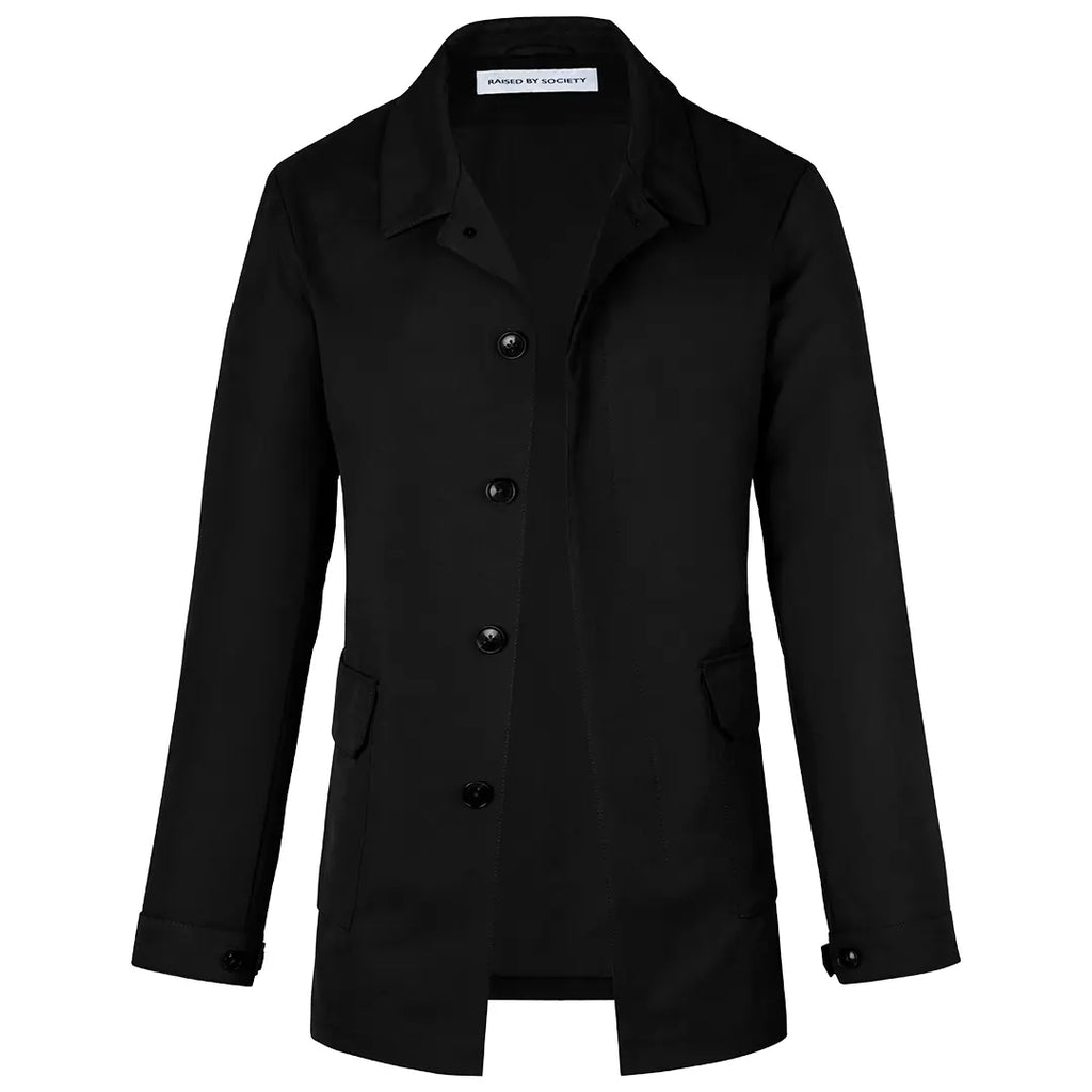 Men's black short trench coat with button front and flap pockets