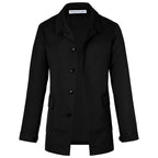 Men's black short trench coat with button front and flap pockets