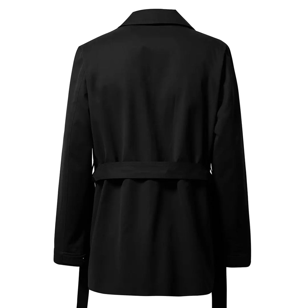 Men's black short trench coat with button front and flap pockets