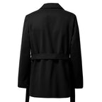 Men's black short trench coat with button front and flap pockets