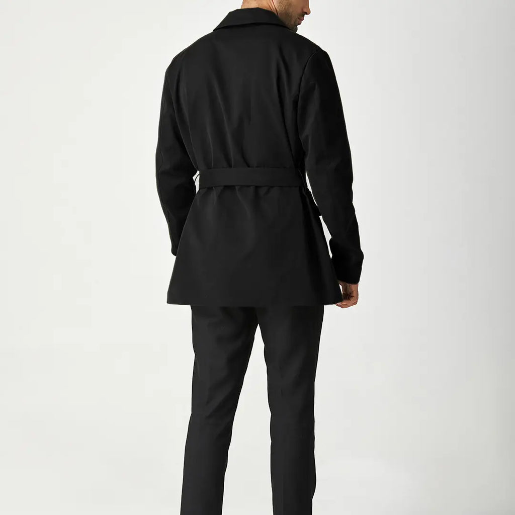 Men's black short trench coat with button front and flap pockets