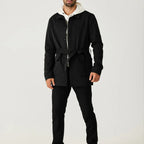 Men's black short trench coat with button front and flap pockets